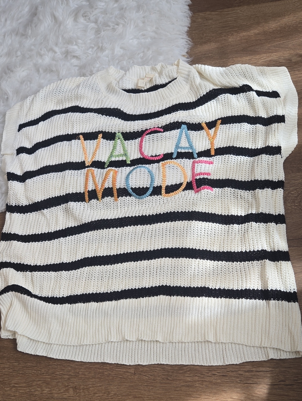 BiBi Cream & Black Striped Knit Sweater with Multicolor "VACAY MODE" Embroidery